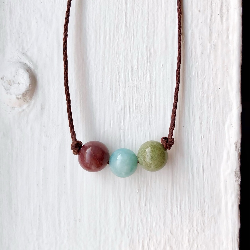 Earthy Indian Agate x Amazonite Trio Bead (Dark Brown) Necklace/Choker - Picture 3 of 4